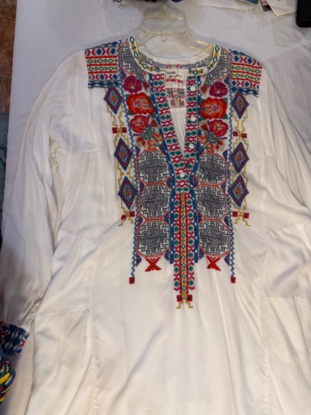 Johnny Was BIYA Size L Embroidered Tunic Mini Dress Nehru Collar Pockets 33"